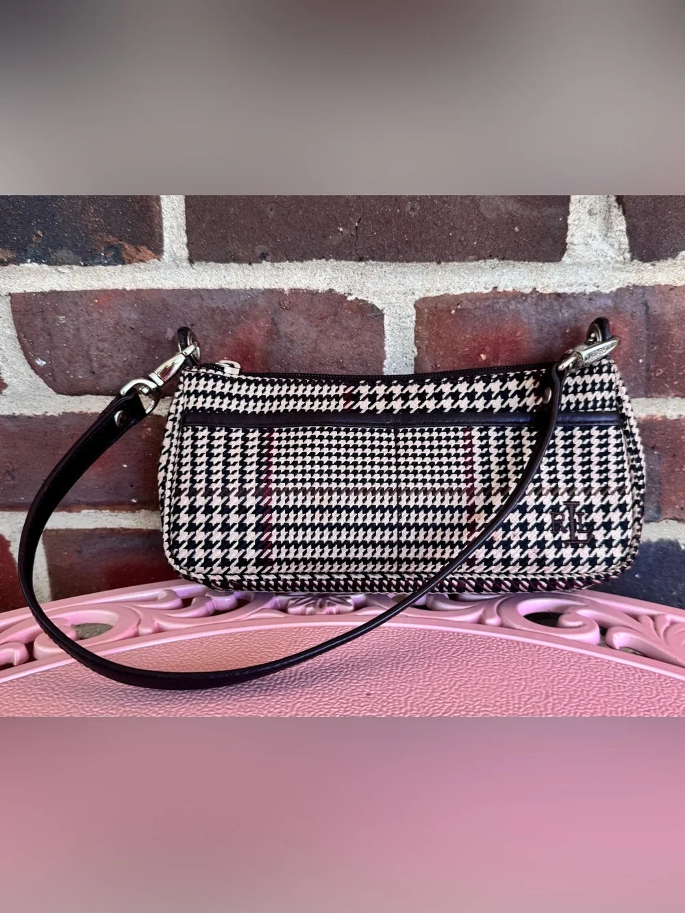 Lauren Ralph Lauren Small Vintage Y2K Brown & Cream Houndstooth Shoulder Handbag